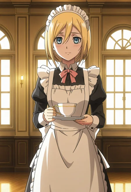 anime screencap,8k, absurd res, 1girl, solo, looking at viewer, short hair, hair betweeen eyes,blonde hair,blue eyes,wearing a maid uniform,indoors,detailed background,mansion,christa_renz,blushed,holding a coffe cup,<lora:christa_renz:1>