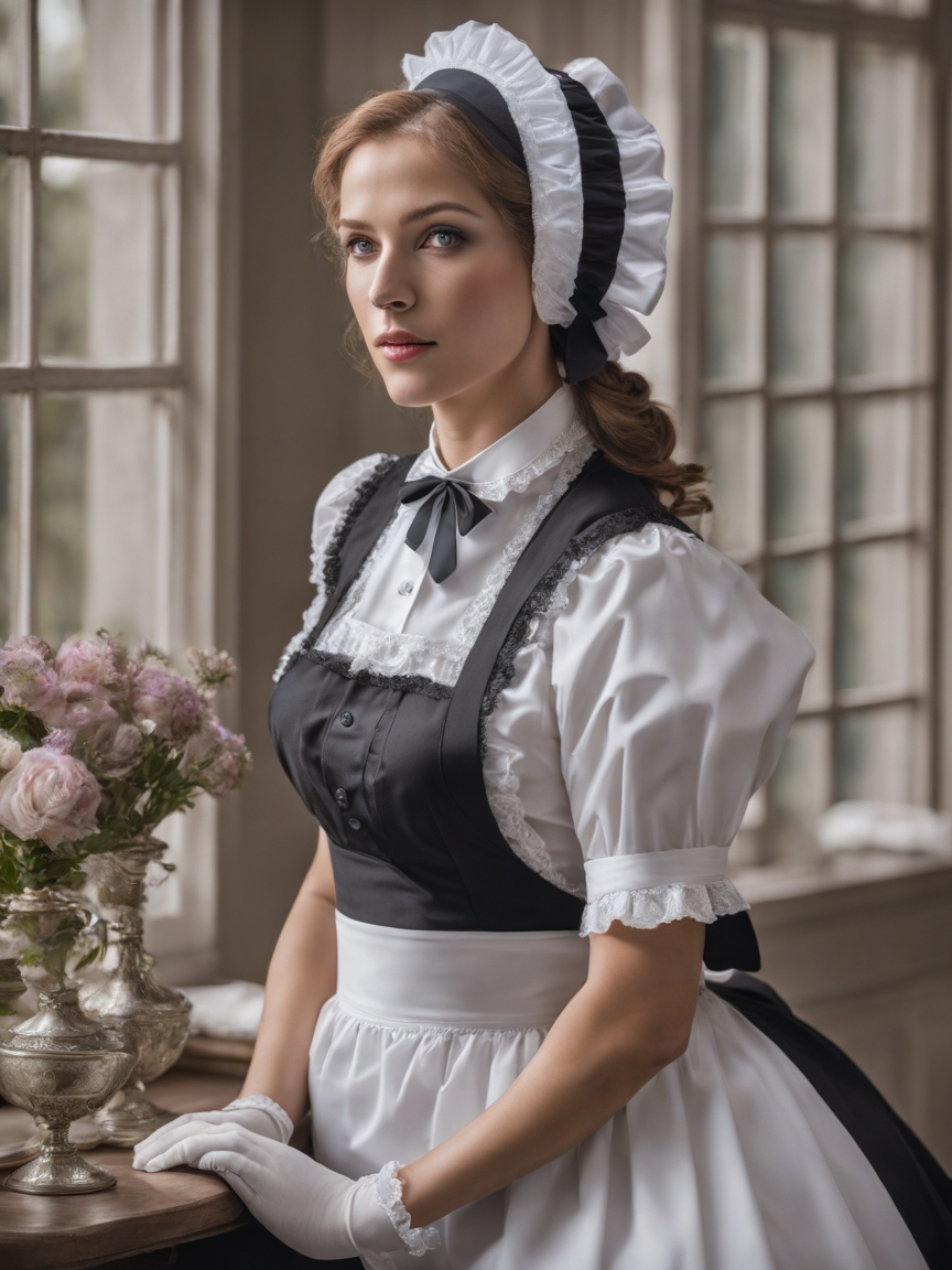 breathtaking beautiful woman, photograph, (victorian maid), <lora:xl_victorian_maid_dress-1.0:0.8>, maid bonnet, (vignette), dynamic lighting, neck bow, (maid apron) . award-winning, professional, highly detailed