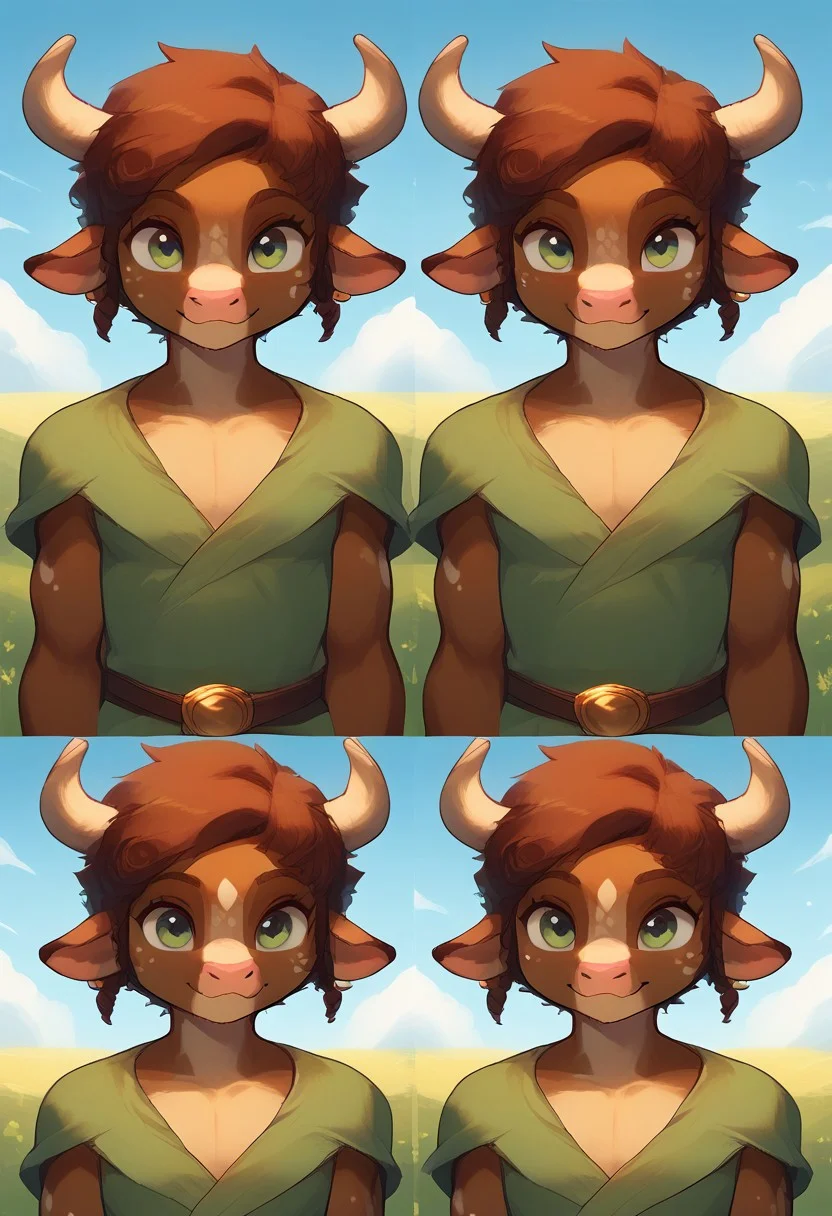 (easynegative:0.2 ) anthro, furry, minotaur, petite, young, feminine, cute, petite cub, slender, thin, soft body, solo, happy face, closed mouth, wearing robes, greek robes, standing, dynamic poses, smile, white spots ,dynamic pose, random views, greek hairstyle, curly brown hair, 1 long braid hair style, light brown body, red hair, yellow field, sky, warm colors, light, cute,, bright colours, cute, dynamic views, confident pose,