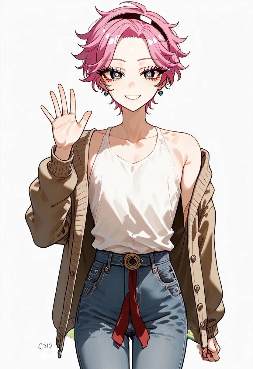 1boy, solo, Sole male, trap, androgynous, anime style, 18 year old boy, perfect eyes, perfect face, perfect hands, score_7_up, score_8_up, score_9_up, feminine boy, feminine eyes, pink hair, short hair, long eyelashes, swept up hairstyle, hairband, forehead studio background, plain color background, full body shot, slim physique, easynegative, expressiveh, fcNeg, dynamic perspective, angled view, plain white shirt, cardigan jacket, jeans pants, mischievous smile, looking at viewer, standing, single frame, waving at viewer, friendly eyes