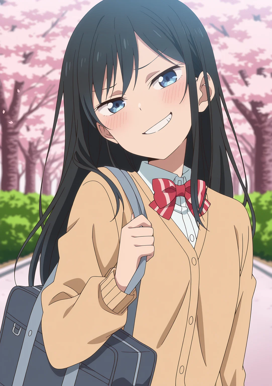 detailed background, official style,anime coloring, (anime screencap) masterpiece, detailed face,1girl <lora:Rin-10:0.8>Rin, black hair, solo, smile, long hair, blue eyes, school uniform,smug, grin, looking at viewer, bow, blush, cardigan, bowtie, shirt, upper body, school bag, head tilt to the right, outdoors, cherry blossom trees background,