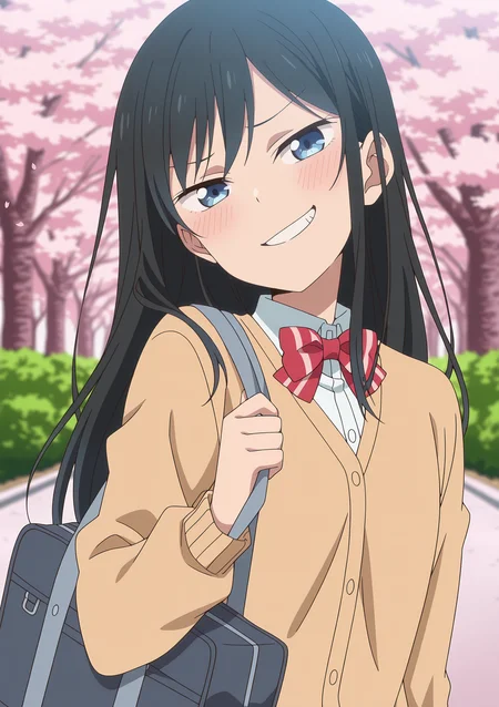 detailed background, official style,anime coloring, (anime screencap) masterpiece, detailed face,1girl <lora:Rin-10:0.8>Rin, black hair, solo, smile, long hair, blue eyes, school uniform,smug, grin, looking at viewer, bow, blush, cardigan, bowtie, shirt, upper body, school bag, head tilt to the right, outdoors, cherry blossom trees background,