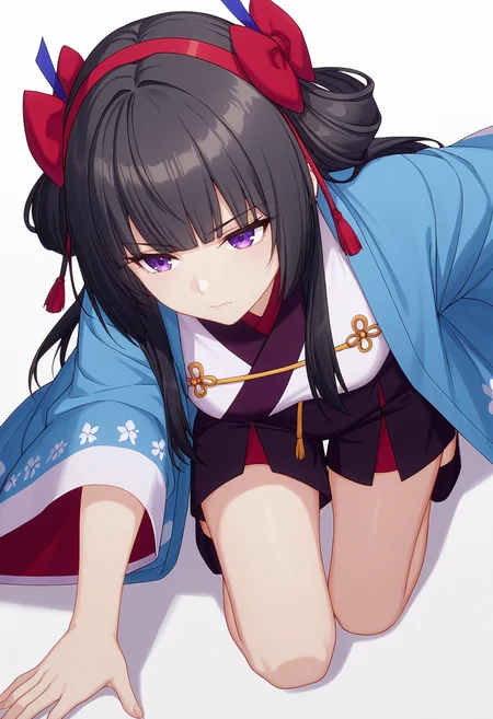 Smooth Quality,masterpiece,very intricate, high quality details, ultra realistic, high detailed skin,detailed enviorement,absurdres,
<lora:Amatsu_Karla_CNR:0.8> amatsu_cnr, 1girl,black hair, long hair, purple eyes, blunt bangs, sidelocks,hair bow, hairband,, simple background, white background, from above,
kneeling, one hand on ground, reaching forward, focused, tense, ,serious,, haori, ,cheongsam top, ,culottes, ,