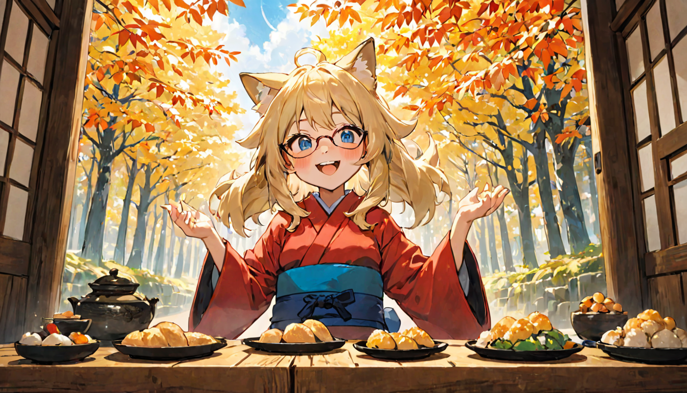 masterpiece, best quality, ultra-detailed, illustration,
1girl, glasses, blonde hair, long hair, fox ears, miko, hakama, smile, closed mouth, arms up, happy, pupils sparkling,
oinarisan, food, still life, food focus, realistic, plate, leaf, table,
tatami, shouji, window_shade, blue sky, tree, wide shot,
<lora:oinarisan_SDXL_V1:1>