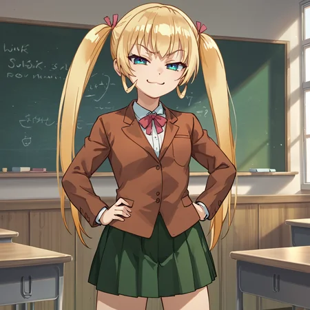 score_9, score_8_up, score_7_up, score_6_up, BREAK,
mao_asakura, solo, blonde, twintails, very long hair, solo, smug, hands on hips, brown jacket, green skirt, classroom, BREAK,
<lora:Mao_Asakura_Futabu_-_low_dim:1>