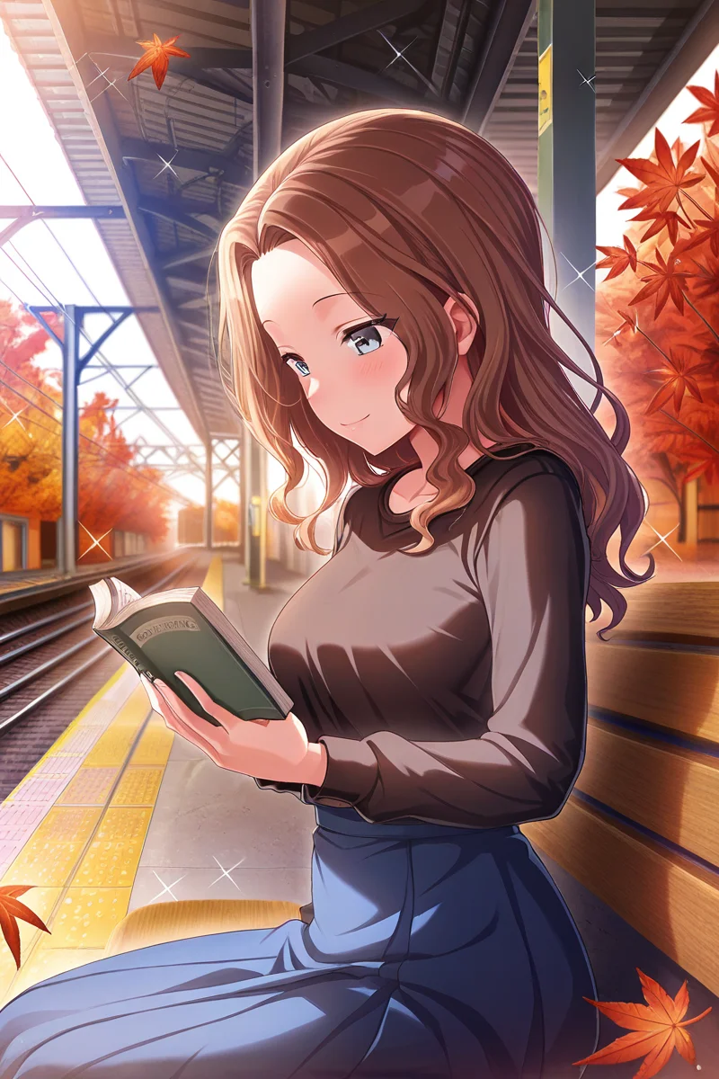 masterpiece, best quality, amazing quality,
 <lora:Hisame_IL:1> hisame, 1girl, solo, brown hair, skirt, book, sitting, leaf, autumn leaves, holding book, blue eyes, holding, blue skirt, long hair, outdoors, maple leaf, smile, shirt, blush, train station, wavy hair, black shirt, open book, reading, long sleeves, sparkle