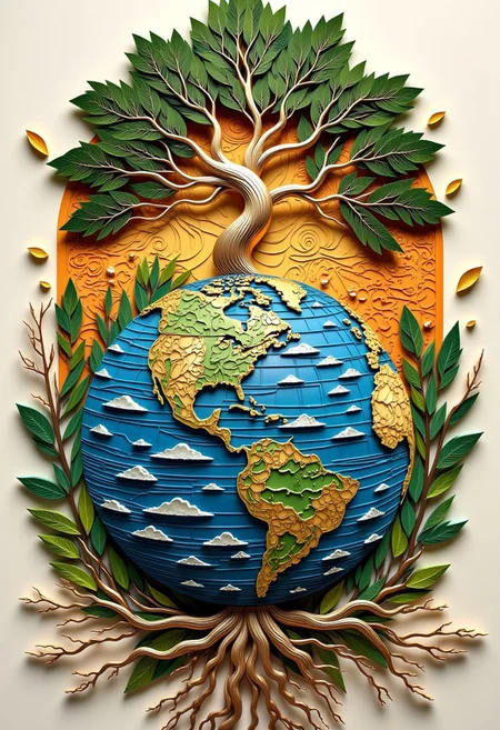 layered paper depiction of a surreal carving style artwork (Earth depicted as a delicate balance of ecosystems, intricate details, surrealistic style, environmental theme, On the top is 1(Tree of life) symbolizing ecological balance and harmony, detailed intricate roots and branches, vibrant colors, high resolution, inspirational, ecosystem), Surreal backdrop with a Zentangle-style background, high detail, traditional paper cut art, golden palette, dynamic composition, artstation, 4k resolution, masterpiece