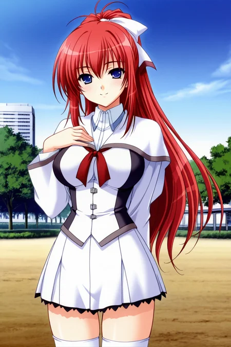 <lora:shiratori_mikoto_iny_ills:1>shiratori mikoto, school uniform, white short capelet, 1girl, solo, long hair, blue eyes, white fitted skirt with black frills, school bulding background, school park, outdoor, thighhighs, side white big hair bow, ponytail, red hair, white thighhighs, zettai ryouiki, one hand on chest,   seductive smile, high resolution,  cowboy shot, looking on viewer, large breast, (white thight sleeves), (red ribbon tie under capelet), slender body, young-adult,
