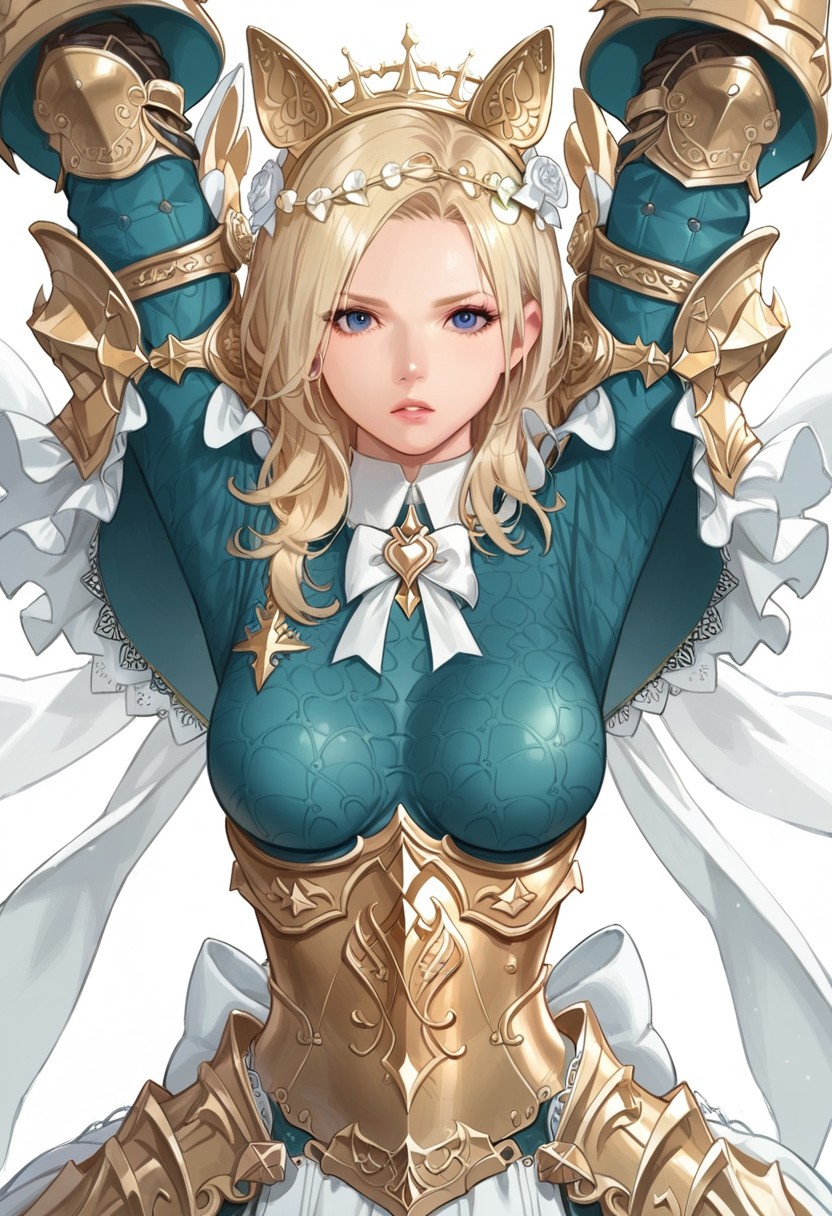 score_9,score_8_up,score_7_up, Expressiveh,  source anime,        delia_(mabinogi), delia_outfits_1, 1girl, solo, armor, blonde hair, gauntlets, fake animal ears,  blue eyes, armored dress, thighhighs, greaves, knight, long hair,   armored boots, boots, upper body,  arms up, holding sword, aura, power of magic, serious face, look at viewer, left side view,