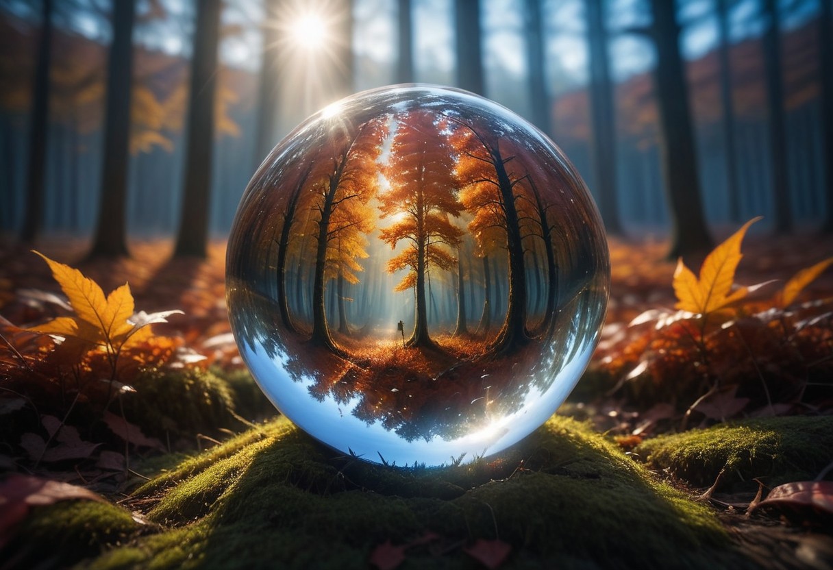 Crystal ball containing a forest ablaze with autumn colors, 
under a pristine blue sky, 
mysterious ambiance, 
capturing the essence of fall, 
sharp reflections, 
perfect clarity, 
dramatic lighting, 
ultra clear., 
Mysterious