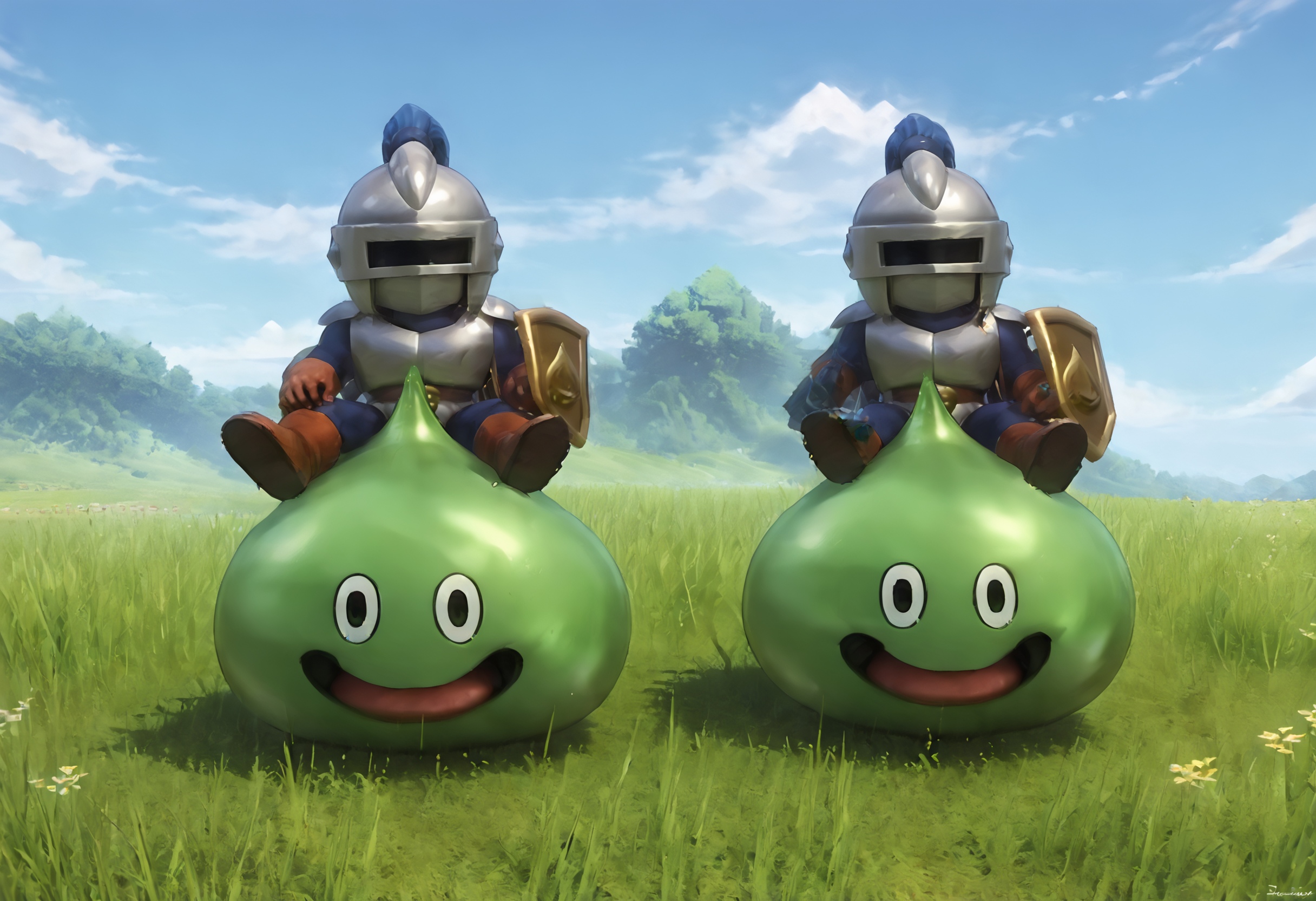 score_9,score_8_up,score_7_up,best quality,masterpiece,super detailed,extreme detailed,full_body,zPDXL BREAK nature,field,
<lora:Pony_DetailV2.0:1>,slime knight,slime_(dragon_quest),armor,helmet,knight,<lora:slime knight-v2:0.8>,