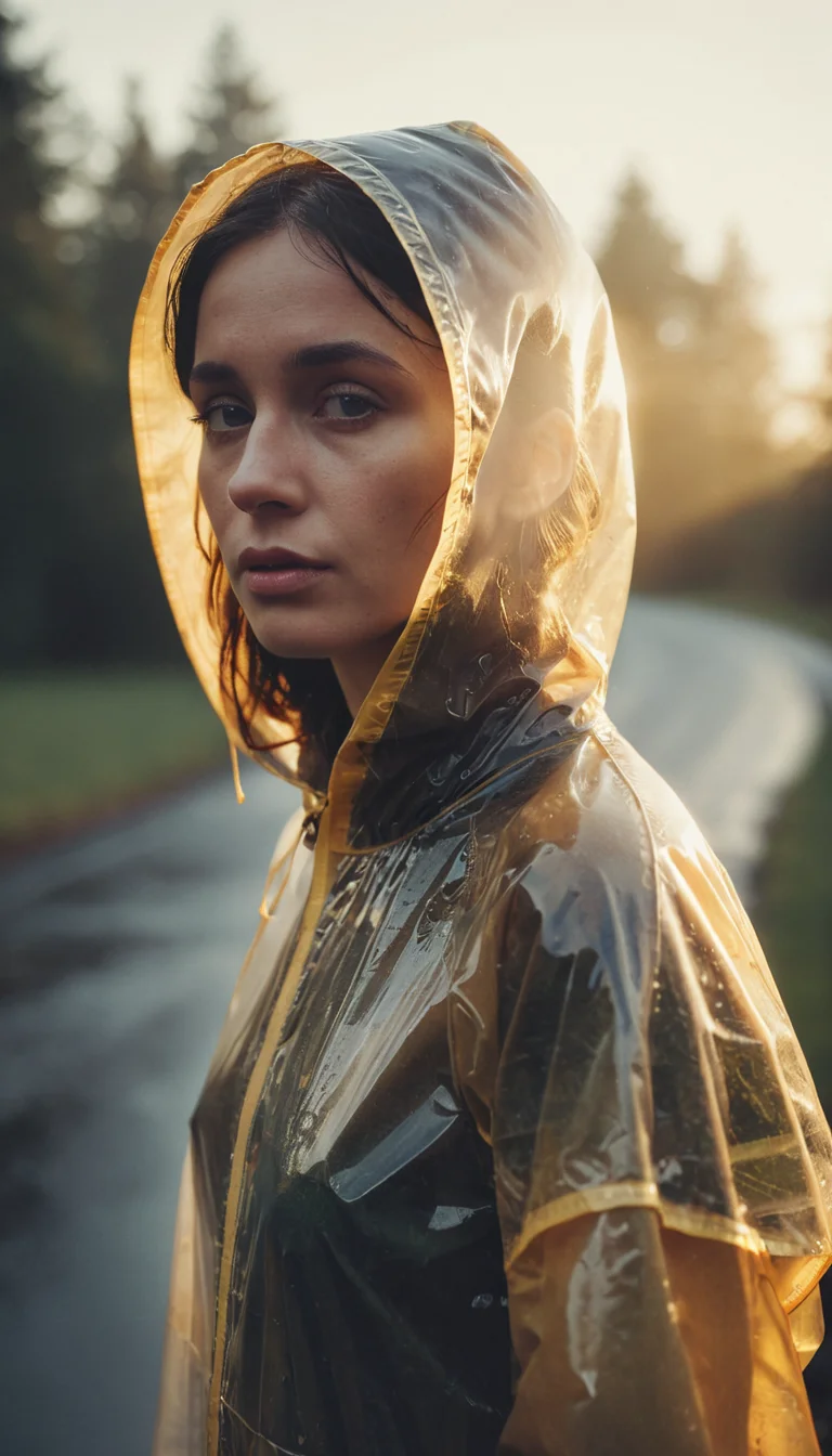 High-fidelity photograph, quirky woman wearing transparent raincoat, High-accuracy photographic detail, stingy details, fading memories, misty edges, vintage color grading, Golden hour, <lora:zavy-cntrst-sdxl:0.6> dark, low-key