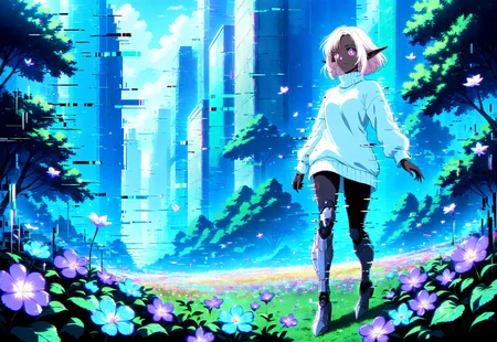 masterpiece, glitch, absurdres, anime style, ghibli, fairytale, 1girl, Elysia, dark elf, obsidian skin, short white hair, flickering bright violet eyes, robotic prosthetic arms, robotic prosthetic legs, wearing a black and white sweater dress with turtleneck, walking through a garden of crystal flowers in a digital cyberpunk city
