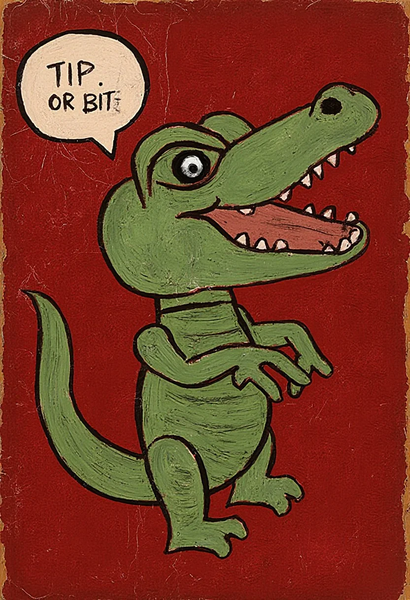 art by kumagaiM, leather background, standing gator robot says "TIP OR BITE"
