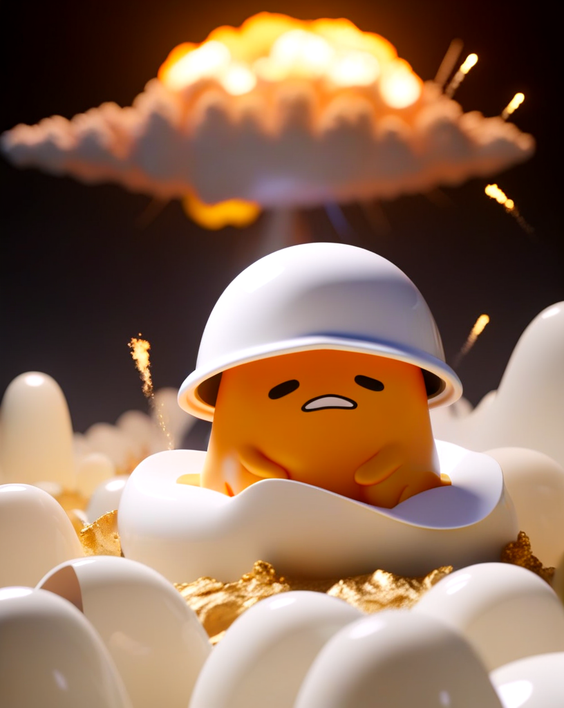 gudetama wearing a small helmet, sitting in front of a huge cinematic explosion, 
 <lora:gudetama-sdxl-v1:1> gudetama, <lora:cinematic explosion style v2:1> cinematic explosion style,