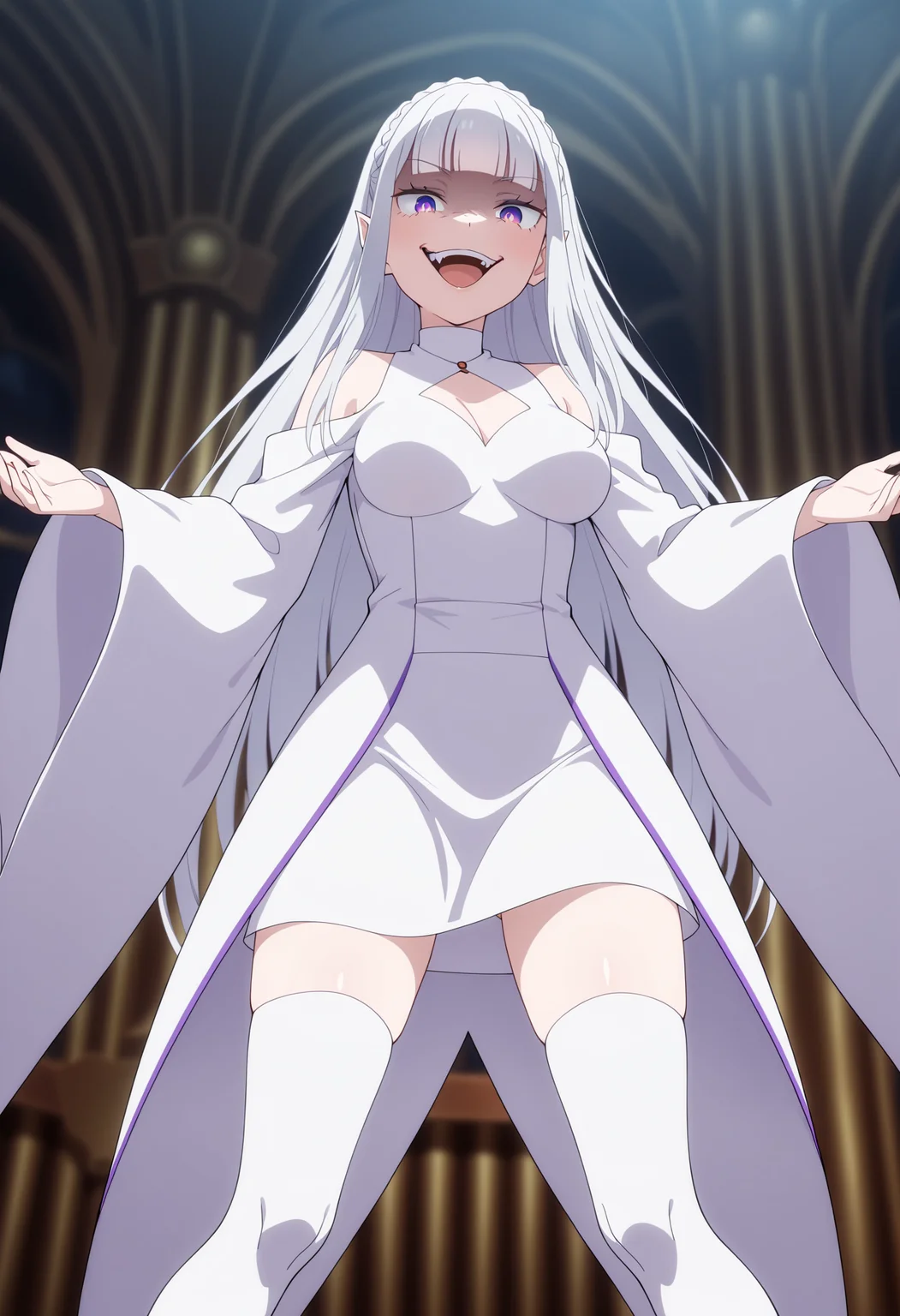 masterpiece, best quality, high resolution, source_anime, highly detailed illustration, detailed eyes,  
very aesthetic, absurdres, newest, amazing quality, 
1girl, solo, 
<lora:shiLustmiliaV1ill:1.0>, shilustmilia, long hair, purple eyes, white hair, crown braid, pointy ears, blunt bangs,
medium breasts, white dress, white thighhighs, thigh boots,
parody, meme, 
looking at viewer, :d, open mouth, smile, teeth, evil grin,