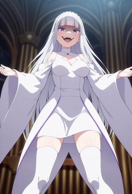 masterpiece, best quality, high resolution, source_anime, highly detailed illustration, detailed eyes,
very aesthetic, absurdres, newest, amazing quality,
1girl, solo,
<lora:shiLustmiliaV1ill:1.0>, shilustmilia, long hair, purple eyes, white hair, crown braid, pointy ears, blunt bangs,
medium breasts, white dress, white thighhighs, thigh boots,
parody, meme,
looking at viewer, :d, open mouth, smile, teeth, evil grin,