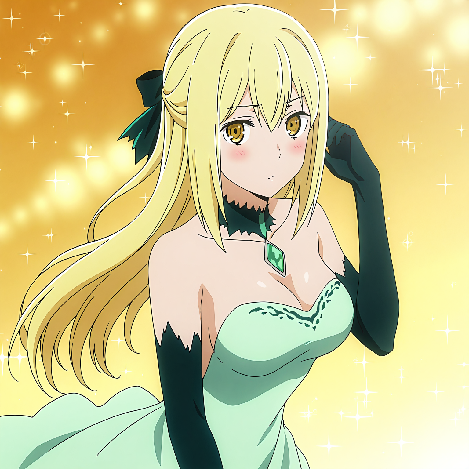 <lora:Aiz2-000019:0.7>Aiz,green dress,elbow gloves,solo,looking at viewer,blush,adjusting hair,beckoning,