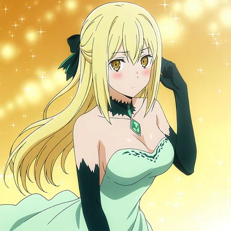 <lora:Aiz2-000019:0.7>Aiz,green dress,elbow gloves,solo,looking at viewer,blush,adjusting hair,beckoning,