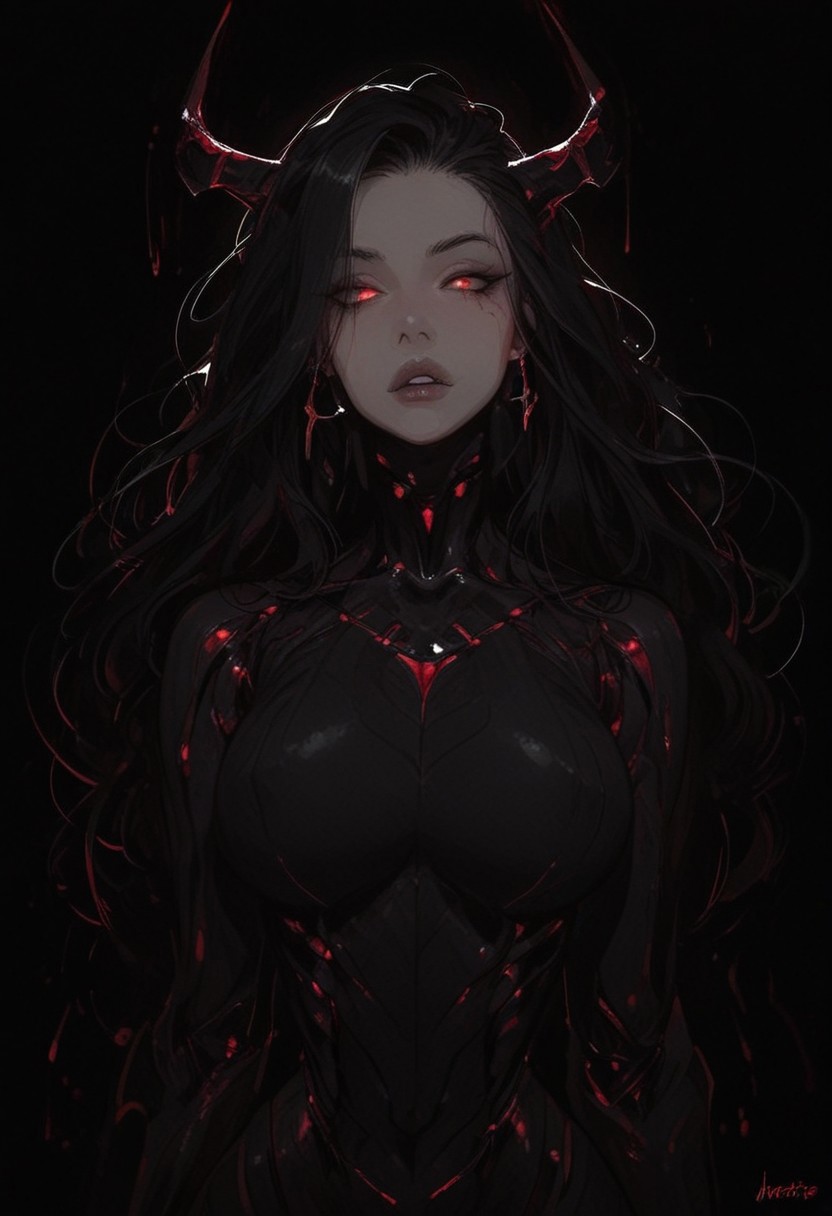 demon woman, score_9, score_8_up, score_7_up, score_6_up, a woman, robot girl, robot arms, robot legs, perfect cute face, perfect beautiful face, long hair, glowing white eyes, large breasts, squeezing breasts together, seductive, sexy pose, narrow waist, wide hips, dynamic angle, ultraHD, ultrarealistic, nightime, moonlight, futuristic, Expressiveh