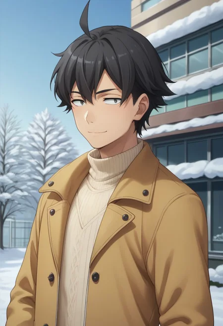score_9, score_8_up, score_7_up, source_anime, highly detailed,
hachi, 1boy, male focus, solo, black hair, sweater, outdoors, tree, upper body, snow, building, black eyes, ahoge, jacket, smile, closed mouth,