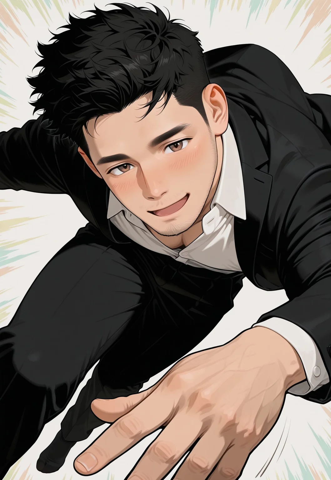 hu99y, 1boy, stubble, flying, black_suit, white_shirt, open collar, black_socks, black_hair
,sharpie background, (colorful background:1.3), motion line, motion blur
,(eyelashes), blush, (mature), (brown_eyes), windy, dynamic shot,
,masterpiece, best quality, very aesthetic,absurdres,newest, highest detailed, windy, film grain, look at viewer, muted color, limited palette, excited, open mouth, open palm reaching out