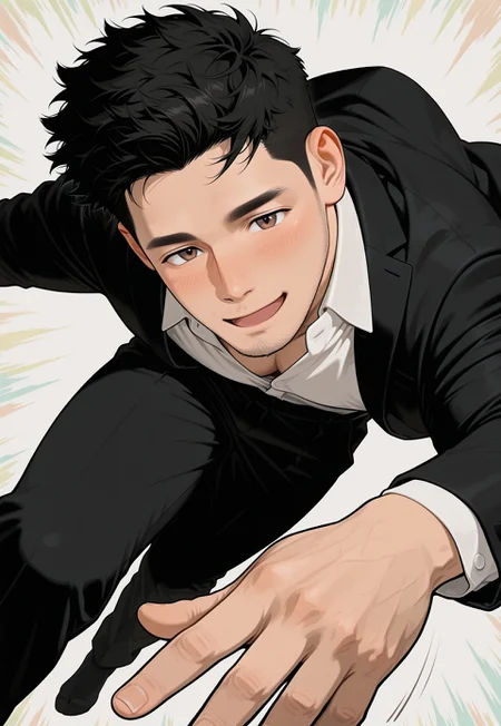 hu99y, 1boy, stubble, flying, black_suit, white_shirt, open collar, black_socks, black_hair
,sharpie background, (colorful background:1.3), motion line, motion blur
,(eyelashes), blush, (mature), (brown_eyes), windy, dynamic shot,
,masterpiece, best quality, very aesthetic,absurdres,newest, highest detailed, windy, film grain, look at viewer, muted color, limited palette, excited, open mouth, open palm reaching out