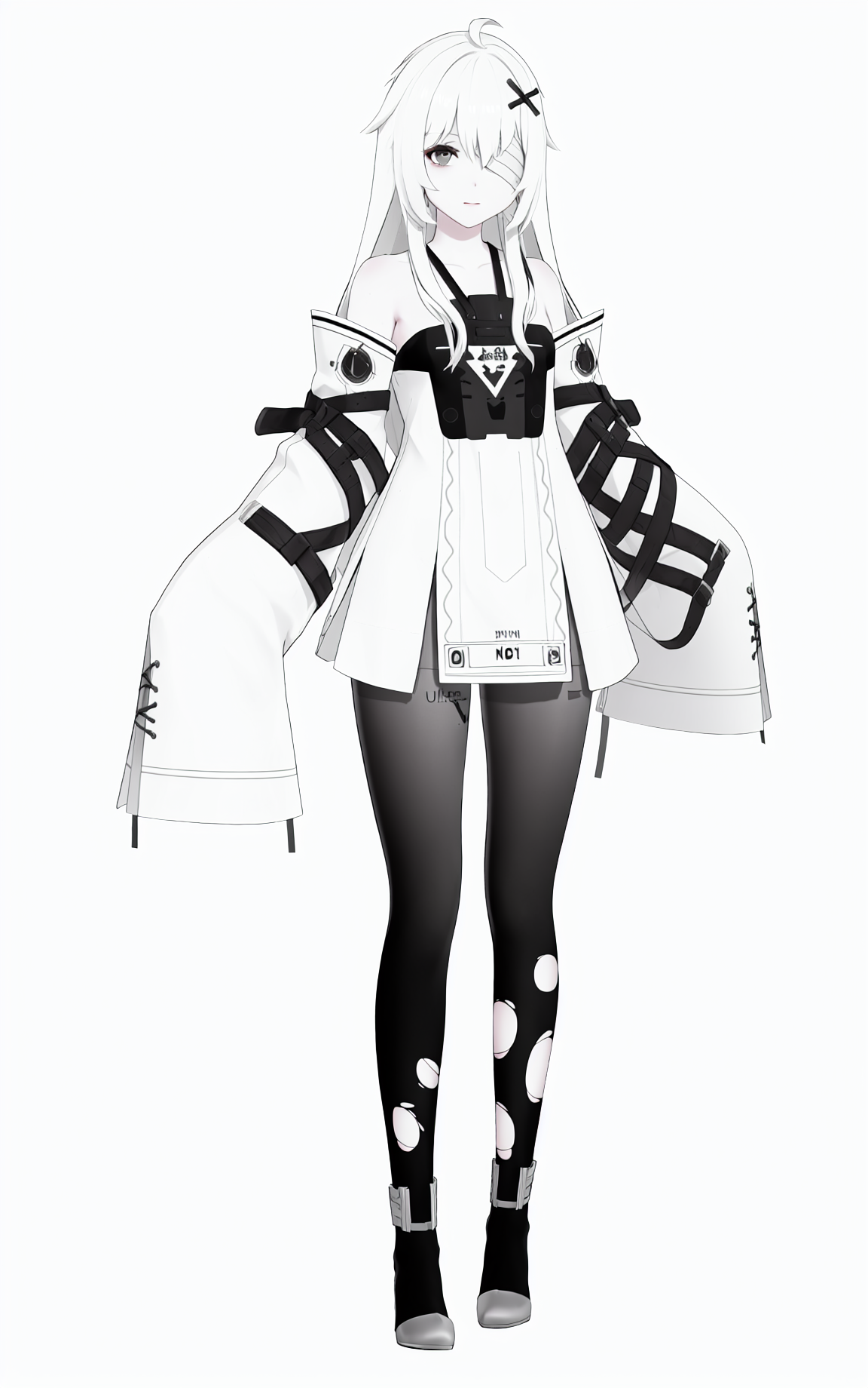 8k, best quality, masterpiece, (ultra-detailed), (high detailed skin), (by nanoless, by misumi \(macaroni\),:0.5), 
A full-body portrait of a young girl, standing gracefully, pastel art style, high-key lighting, shoujo manga influence, hd quality, delicate details, 
full body, full shot, standing, looking at viewer, (solo:1.2), simple background, white background, 
<lora:21XXI-sd-Tanger-000019:0.8>, 
21XXI, 1st clothes, x hair ornament, 1girl,  long hair, white hair, torn clothes, pantyhose, torn pantyhose, grey eyes,  sleeves past wrists,  bandage over one eye,