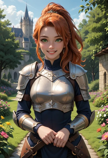 (score_9, score_8_up, score_7_up), nsfw, 1 girl, drow, pathfinder portrait, ginger hair, high ponytail, long hair,
, freckles:1.2, side strands,deep green eyes, black armor, warrior,
BREAK happy, excited, picking flowers, smiling, two hands
BREAK exterior, castle, daytime, garden, Cowboy shot, volumetric lighting, vivid colours, g0thicPXL, Expressiveh, embedding:SimplePositive_XL_v1_AutoRunMech,