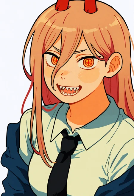 best quality, amazing quality, very aesthetic, absurdres,
BREAK
1girl, power \(chainsaw man\), pink hair, blonde hair, red horns, red eyes, cross-shaped pupils, long hair, sharp teeth, hair between eyes, symbol-shaped pupils,
collared shirt, black necktie, long sleeves,
looking at viewer, white shirt, open mouth,
simple background, white background, smile, upper body, <lora:Sihyun25Noob_byKonan:1>