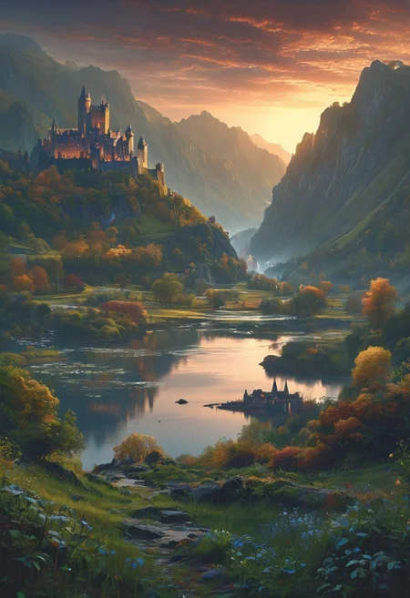 A captivating night scene illustration featuring a beautiful castle on a large  hill overlooking a lake in Wales.   The castle is ancient but well maintained and updated and comfortable to live in.  This enchanting artwork captures a serene and peaceful early morning, where the sun is just starting to rise over the beautiful hills and castle which   stands resolute amidst hills of Wales, creating a cinematic experience., illustration, cinematic
<lora:DonM3t3rn1tyXL-v1.1:0.7>, DonM3t3rn1tyXL,
OverallDetailXL  <lora:MJ52:0.3>  <lora:SDXLFaeTastic2400:0.4>  <lora:EpicF4nta5yXL:0.7>