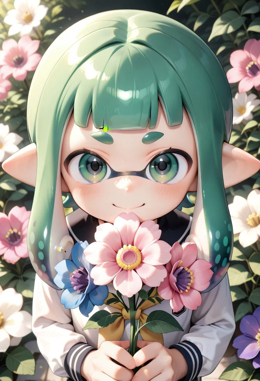 ((solo, green eyes, green hair, cute inkling girl made of ral-smlvltnpl, holding flower, looking at viewer, )), blue flower, long hair, pink flower, pointy ears, purple flower, short eyebrows, solo, standing, tentacle hair, thick eyebrows, white flower, yellow neckerchief, flower background, leaves background, cute, vivid colors, masterpiece, best quality, good quality, newest, highres, absurdres, very aesthetic, close-up view, ambient lighting, green and fresh theme, joyful,