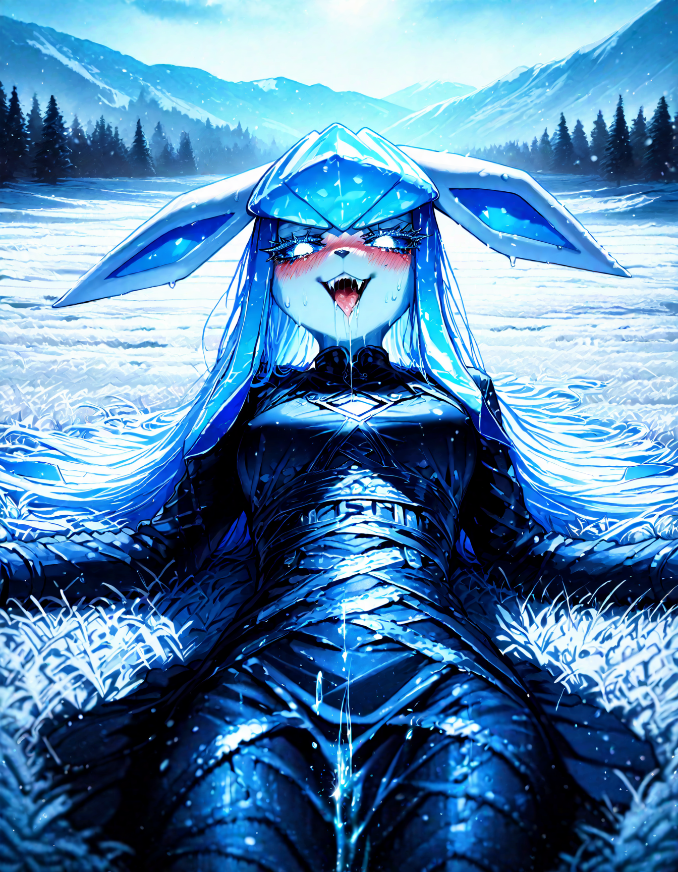 pokemon, glaceon , 1girl, ban! \(bansankan\):0.7, quasarcake:0.8, wlop:0.9, animal_ears ,animal_nose,blue_fur ,blue_hair ,blue_sclera, blue_sky ,blue skin,blue_theme, blurry, blush, body_fur, breasts,colored_sclera, cowboy_shot ,  fang, furry ,furry_female,  happy , medium breasts, looking_down , nose_blush, outdoors, personification ,pokemon_(creature),long_hair, shiny_skin ,sidelocks,sky, smile, solo ,sweat , tail ,white_eyes, long_sleeves, black_shirt ,black dress,leg_ribbon, ,
 pov, looking at viewer, lying, tongue ,tongue_out , open mouth, saliva,saliva_trail ,saliva_drip ,on back, licking ice,
snowy, snow, outdoors, field, mountain, cloudy sky, trees, fr0stwrld, ice ,
masterpiece, best quality, Good quality, very aesthetic, absurdres, newest, (Perfect details), solo,
<lora:Fr0stWrld4:0.7>, <lora:ponyv5_noobV065S_1_adamW:0.8>, <lora:illustrious_noobai_epsilon_pred_1_best_quality_v1:0.7> ,<lora:illustrious_noobai_epsilon_pred_11_very_aesthetic_v1:0.7> ,<lora:illustrious_noobai_epsilon_pred_1_masterpieces_v1:0.7>