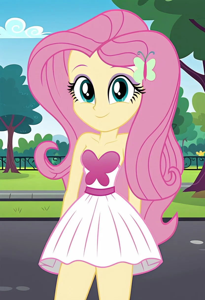 legs exposed, strapless white dress, blue sky, green park, outdoors, park, small breasts, strapless dress, pink butterfly, butterfly chest cover, white skirt, butterfly-shaped chest piece, looking at viewer, strapless dress, pink butterfly, Fluttershy, butterfly chest cover, white skirt, smiling, detailed eyes, detailed eyebrows, petite body, 1girl, solo, strapless, shy expression, ((equestria girls, show accurate:1.2)), cute, Equestria Girls