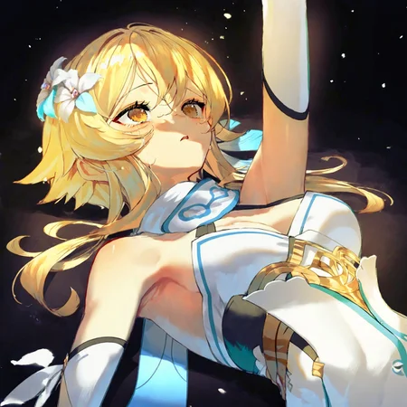scottie \(phantom2\), genshin impact, lumine \(genshin impact\), 1girl, arm up, blonde hair, breasts, cleavage, flower, hair between eyes, hair flower, hair ornament, lying, medium breasts, on back, parted lips, solo, tears, upper body, white flower, yellow eyes, dark background