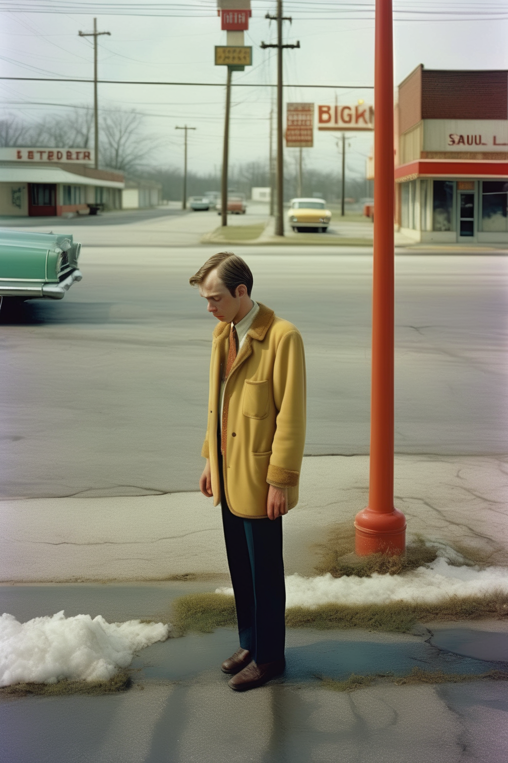 <lora:Alec Soth style:1>Alec Soth style - documentary style photography, highly detailed, clean imagine, photorealistic full body portrait of person on the street in the style of Saul Leiter with the subject matter aesthetic of William Eggleston