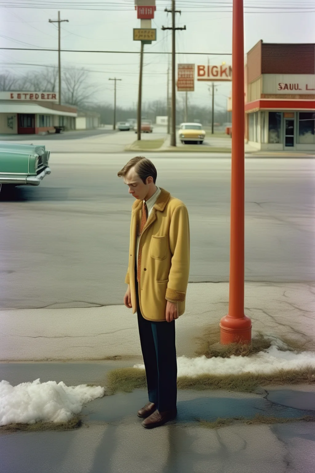 <lora:Alec Soth style:1>Alec Soth style - documentary style photography, highly detailed, clean imagine, photorealistic full body portrait of person on the street in the style of Saul Leiter with the subject matter aesthetic of William Eggleston