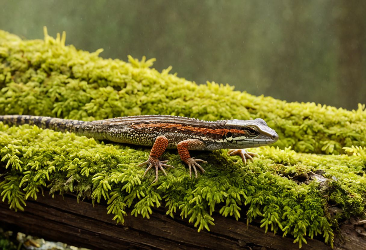 Cinematic, Cinematic Lighting, Cinematic Shot, extremely detailed, Film Still, macro photography, depth of field,  high detail, hires textures, incredibly detailed, intricate details, intricate diorama, masterpiece, Movie Still, outstanding intricacies, photorealism, true masterpiece, fountain background, glamourous, Stately, lizard, skink, cry5t415ku11, Pleocoma badia, Pacific Northwest conifer forest, sitting beneath a rotten log with mold and moss.