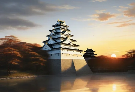 masterpiece, photorealistic, landscape,WhiteMold Osaka Castle, rising sun