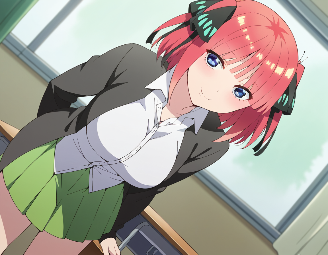 score_9, score_8_up, score_7_up, source_anime,
ninonakano, <lora:nino-nakano-s2-ponyxl-lora-nochekaiser:1>, 
nino nakano, short hair, bangs, blue eyes, hair ornament, hair ribbon, pink hair, blunt bangs, two side up, butterfly hair ornament, mature female,
skirt, shirt, long sleeves, white shirt, pleated skirt, open clothes, collared shirt, sleeves past wrists, dress shirt, cardigan, green skirt, open cardigan, black cardigan,
indoors, classroom, bent over, smile,
looking at viewer, cowboy shot, dutch angle, solo,