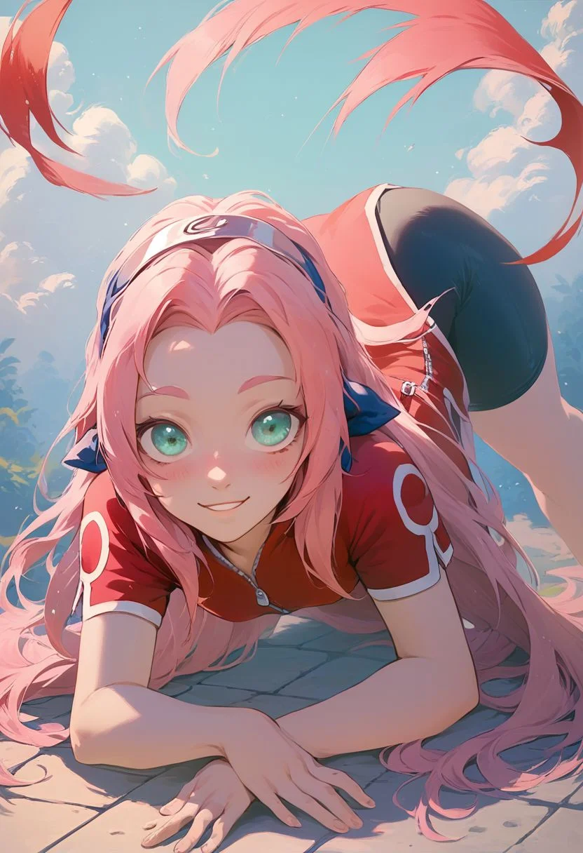 score_9, score_8_up, score_7_up,
1girl, , haruno sakura, solo,
front view, small breasts, petite body, pink hair, long hair, green eyes, pale skin, thicc thighs, wide hips, happy, blushing, (looking at viewer), best quality, detailed hair, detailed eyes, rim lighting, light shadows, , volumetric lighting, (toned body), red shirt, red qipao , zipper, short sleeves, bike shorts,
jack-o' challenge