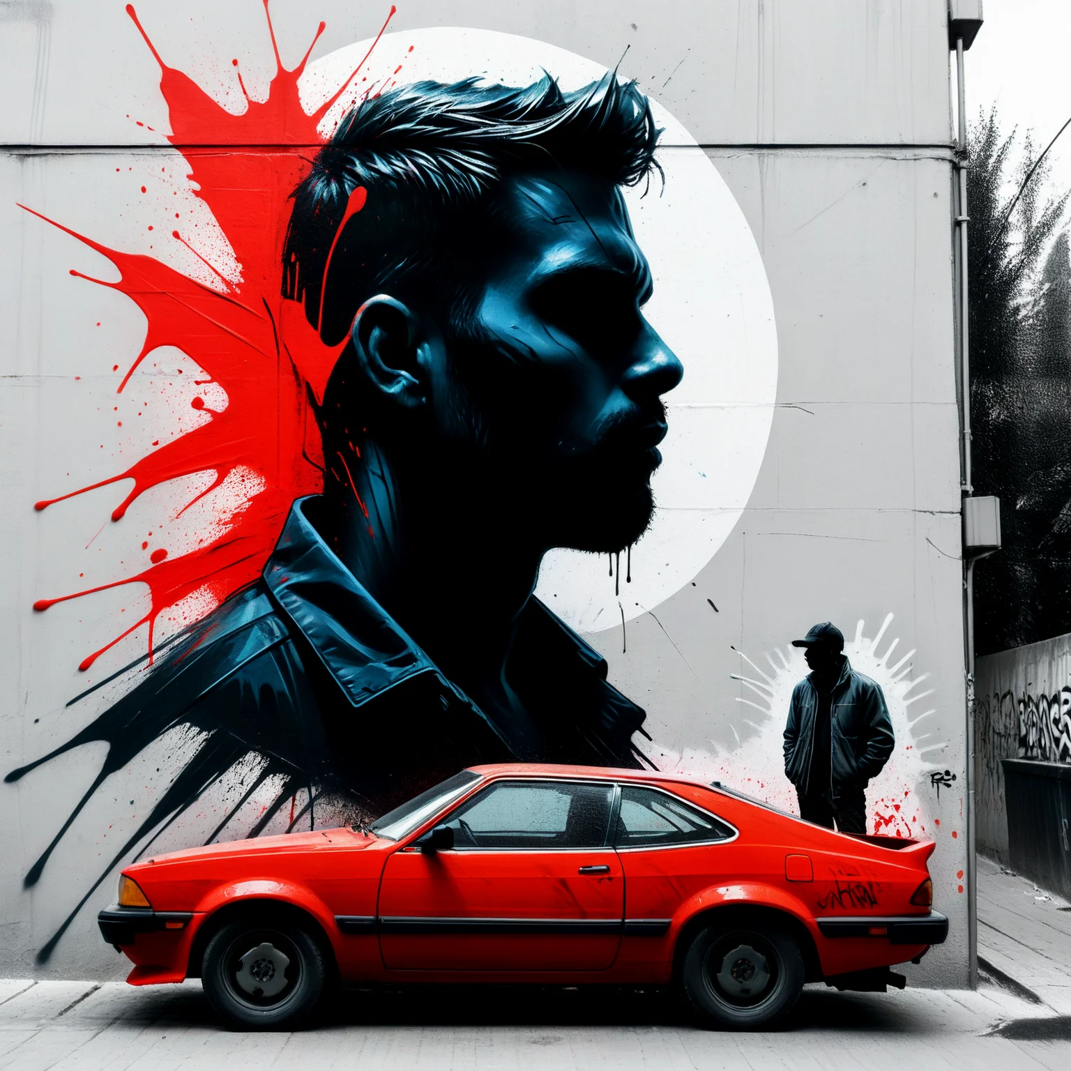 Graffiti art.
(In the style of Banksi.)
Silhouette of a man standing before a red car.
<lora:GraffitiArt01_CE_XL_300-OT:0.6> grftiartCE_style