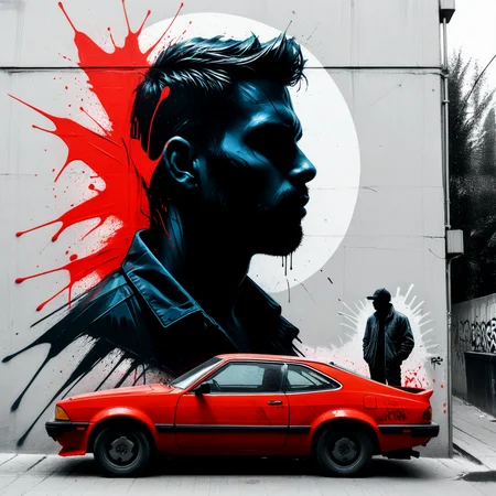 Graffiti art.
(In the style of Banksi.)
Silhouette of a man standing before a red car.
<lora:GraffitiArt01_CE_XL_300-OT:0.6> grftiartCE_style