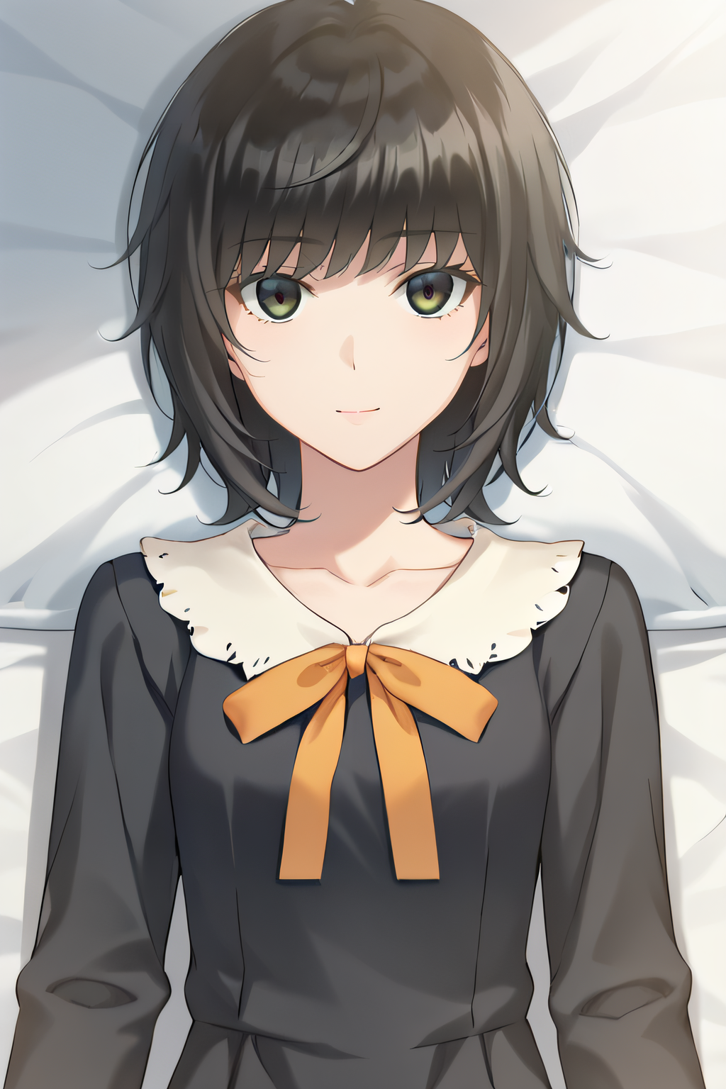 score_9, score_8_up, score_7_up, source_anime, rating_safe, intricate details, anime screencap, official style, 1girl, solo, <lora:Yaegaki_Erika:1>, erika, black hair, dark eyes, medium hair, collarbone, black dress, frilled collar, long sleeves, orange ribbon, looking at viewer, expressionless, indoor, cowboy shot, lying on bed, smile