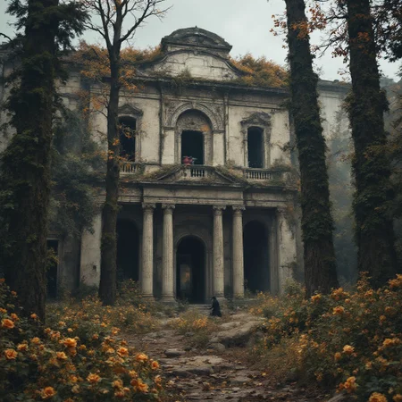 an abandoned ancient mansion with columns in front, in a forgotten garden among tall trees