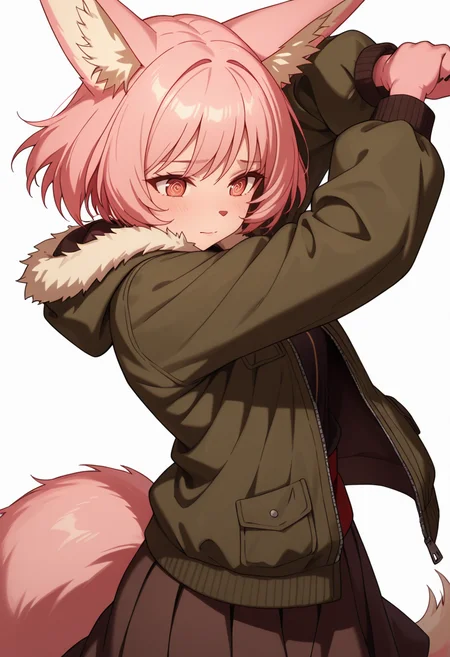 Smooth Quality,masterpiece,very intricate, high quality details, ultra realistic, high detailed skin,detailed enviorement,absurdres,
simple background, white background, dancing, solo,dynamic angle,
<lora:Til_CNR:0.8> til_cnr, 1girl,pink hair, short hair, bangs, red eyes, animal ears, fox ears, animal ear fluff, fox tail, furry female, animal hands, claws,, afterglow,, @ @,, zip-up hoodie, ,fur-trimmed jacket, ,skirt,,