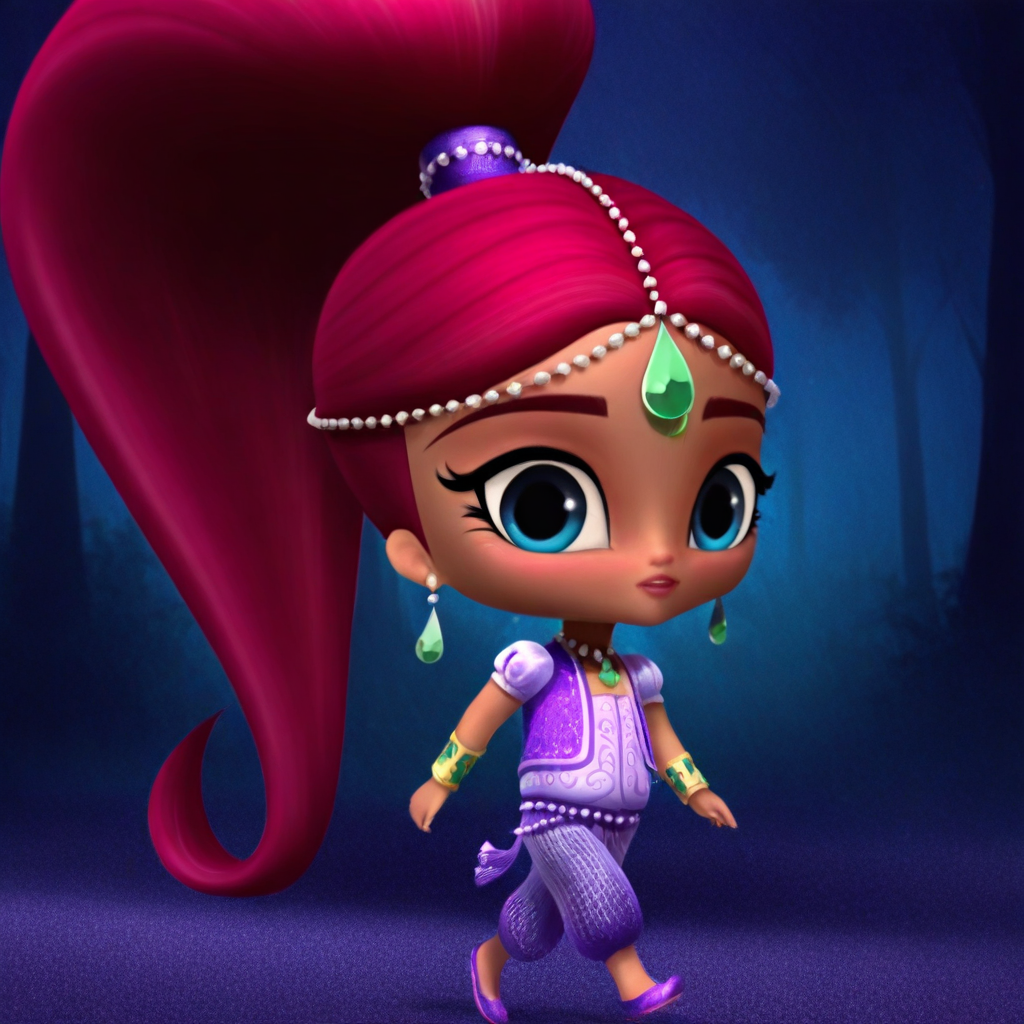 masterpiece, best quality, solo, shimmer_s, 1girl, dark skin, long hair, red hair, blue eyes, ponytail, earrings, necklace, forehead jewel, arabian clothes, walking, forest, looking at viewer