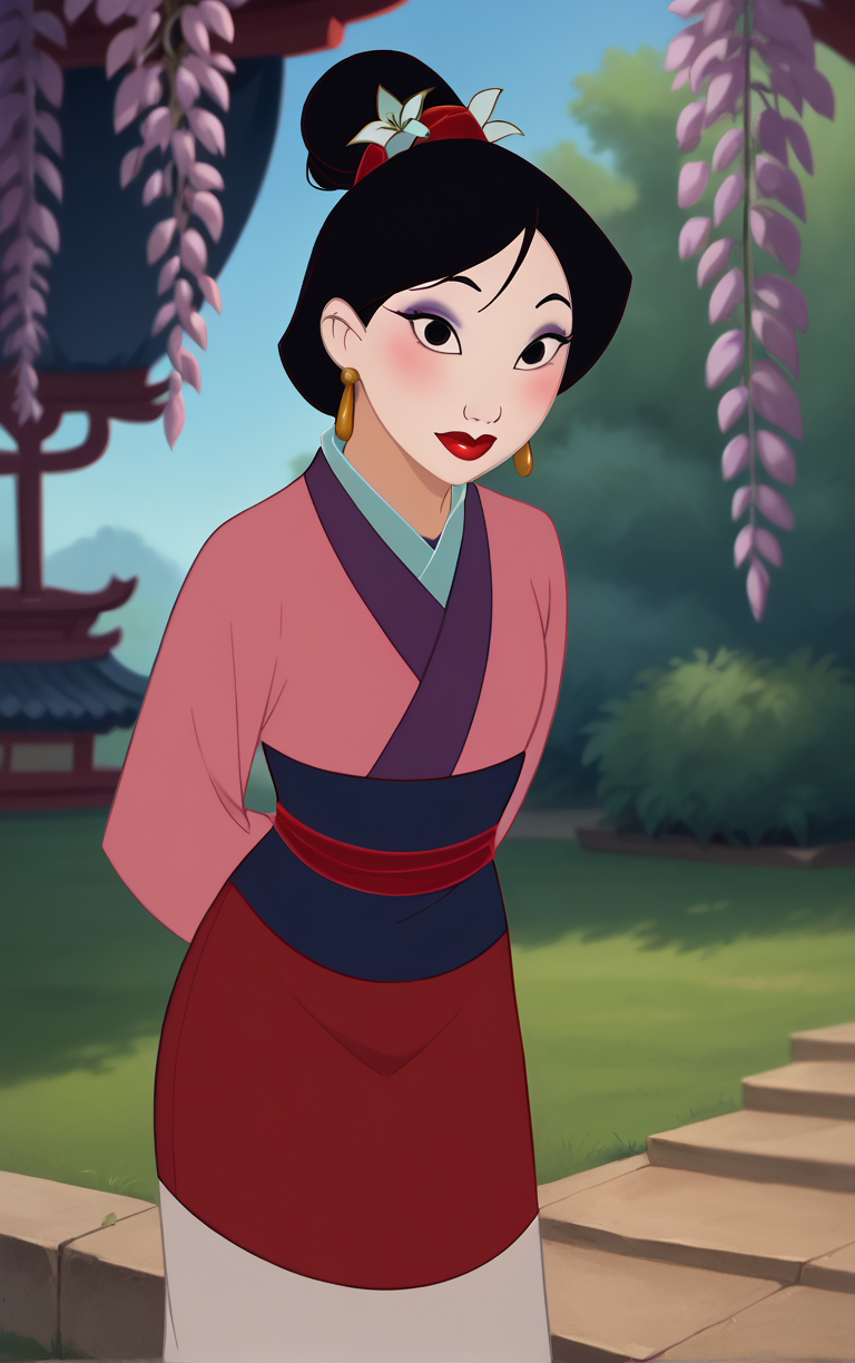 score_9, score_8_up, score_7_up, looking at viewer,  BREAK
FaceMaskPinkDress_Fa_Mulan_ownwaifu, 
1girl, facepaint, makeup, black hair, lipstick, single hair bun, earrings, jewelry, black eyes, red lips, hair ornament, hair flower,  eyeshadow, wide-eyed, 
japanese clothes, kimono, sash, hanfu, long sleeves, pink kimono, sleeves past wrists, sleeves past fingers,
(leaning forward, arms behind back), cowboy shot, garden, wisteria, outdoors, <lora:PONYXL_Fa_Mulan_Movie_ownwaifu:0.85> , depth of field, solo,
