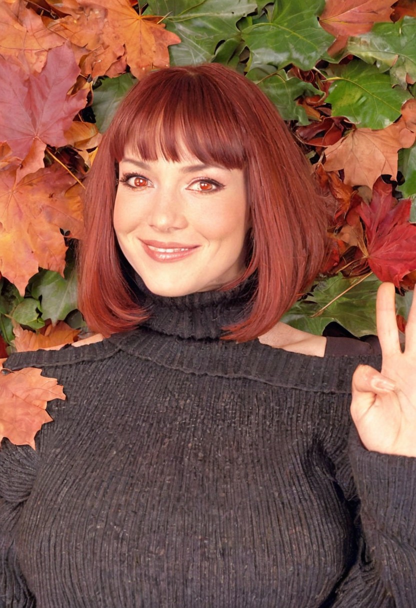 In the 2000s, candid photography, autumn, autumn leaves, black sweater, bob cut, breasts, brown coat, brown skirt, closed mouth, coat, large breasts, leaf, leaf background, long sleeves, looking at viewer, medium hair, off shoulder, orange background, red eyes, red hair, ribbed sweater, skirt, smile, solo, sweater, swept bangs, turtleneck, turtleneck sweater, upper body, waving, (soft lighting):1.2, film grain, sharp shadows, Samsung shot, atmospheric