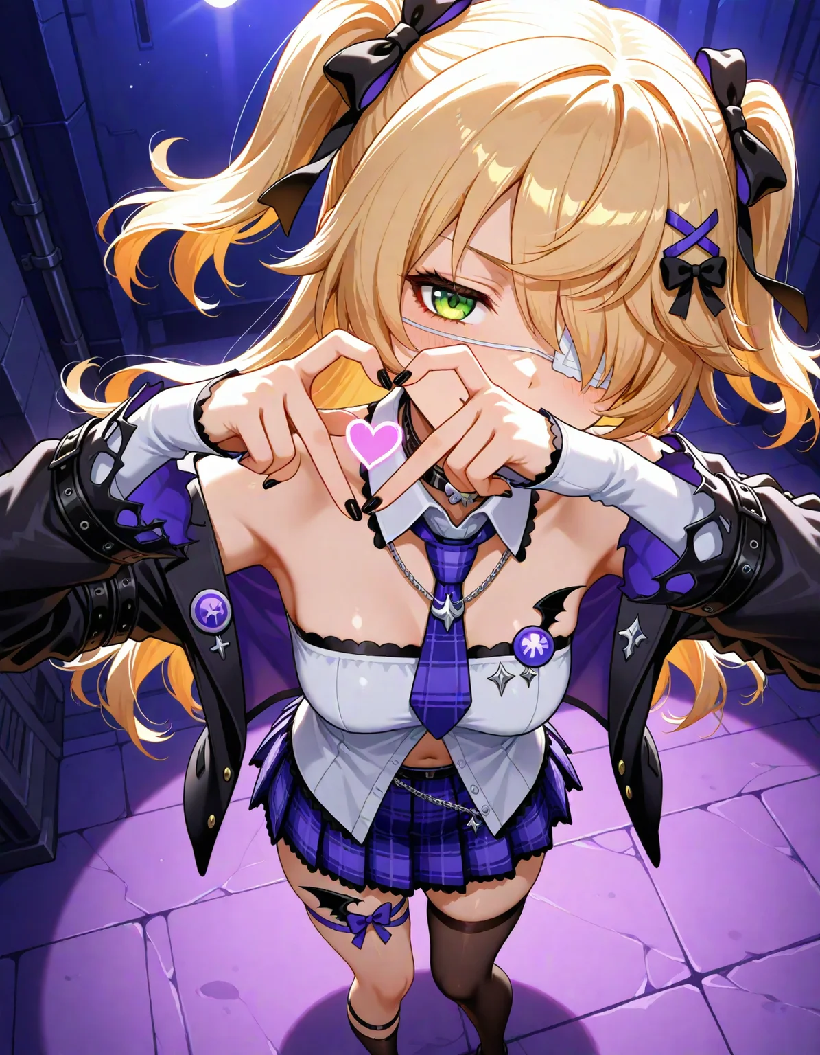 1girl, 
very awa, questionable, gcs fischl, green eyes, white eyepatch, blonde hair, two side up, black hair ribbon, x hair ornament, black nails, black jacket, open jacket, white shirt, purple skirt, purple necktie, detached collar, black thighhighs, asymmetrical legwear, thigh strap, collar, simple background, heart hands, from above, cinematic lighting, jacket, ribbon, necktie, open clothes, thighhighs, shirt, heart, skirt,
masterpiece, best quality, newest, highres, absurdres
 <lora:NoobV065sHyperDmd:1> <lora:Fischl_Cafe_in_Seoul_V2_IXL20:1.0>